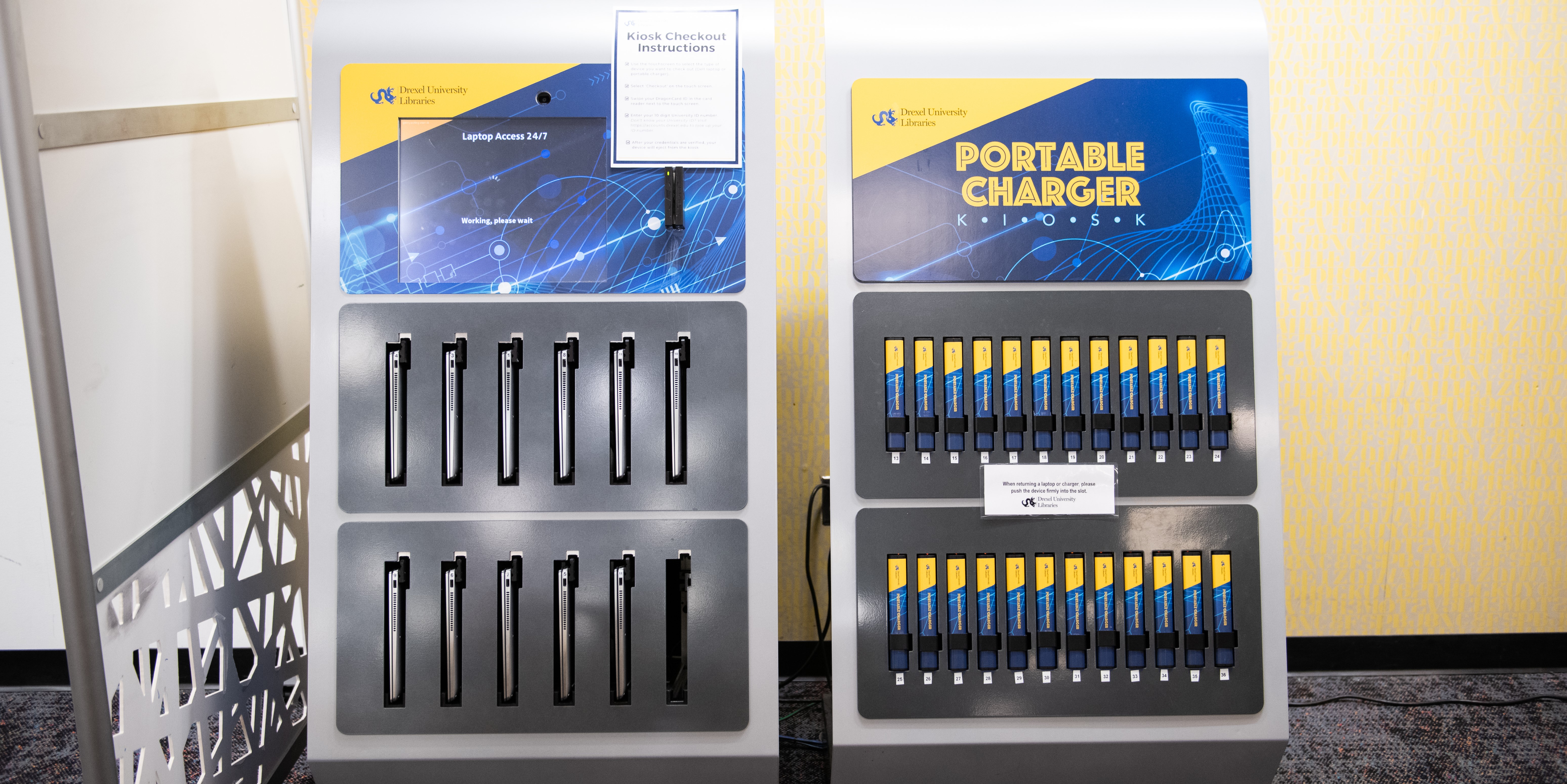Laptop and portable charger kiosks located in the W. W. Hagerty Library Dragons' Learning Den. 